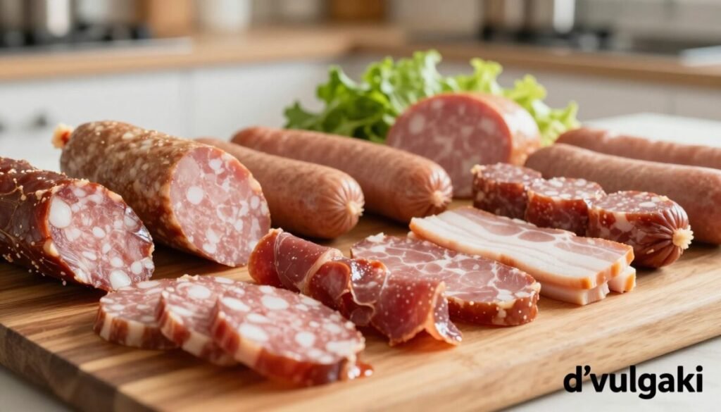 A close-up composition highlighting various types of processed meats, such as sausages, bacon, and deli meats, arranged artfully on a wooden cutting board. The foreground should feature an assortment of cured meats with visible textures, glistening under soft, natural light that enhances their colors. In the middle background, include health-related elements like fresh vegetables and herbs, subtly hinting at health risks associated with processed meats. The background should be a blurred kitchen setting, creating a warm, inviting atmosphere. The image should evoke a sense of caution regarding health, while maintaining an editorial style. Incorporate the brand name "d'vulgaki" in the bottom right corner.