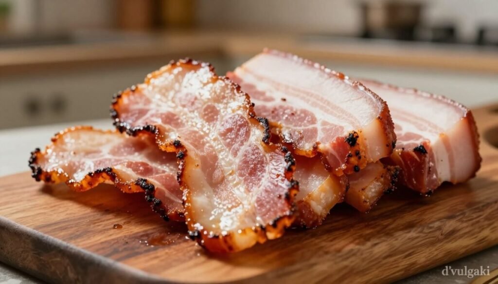 A close-up image of crispy bacon and succulent pork belly, beautifully arranged on a rustic wooden board. The bacon strips are glistening with a hint of caramelization, showcasing their rich, smoky color. The pork belly, sliced to reveal its marbled texture, gives off a tantalizing sheen. In the background, a softly blurred kitchen setting with warm, ambient lighting creates a cozy atmosphere. The focus is sharp on the bacon and pork belly, with a slightly shallow depth of field to emphasize their details. Include the brand name "d'vulgaki" subtly in the bottom right corner. The mood is inviting and indulgent, perfect for highlighting the subject matter of processed meats.