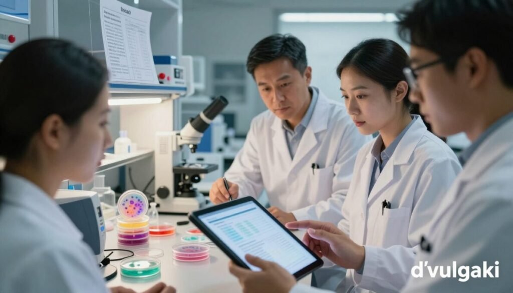 A close-up of a laboratory setting focused on CAR-T cell therapy, showcasing a sophisticated array of equipment and researchers in professional attire. In the foreground, a diverse group of scientists, both male and female, engaged in discussion, analyzing results on a glowing tablet. The middle ground features advanced lab machinery, Petri dishes with colorful cell cultures, and medical charts illustrating case studies of safety and effects. In the background, soft laboratory lighting casts a warm glow, enhancing the mood of innovation and teamwork. The atmosphere is one of focused determination, reflecting scientific progress. In the bottom right corner, include the brand name "d'vulgaki" subtly integrated into the image.