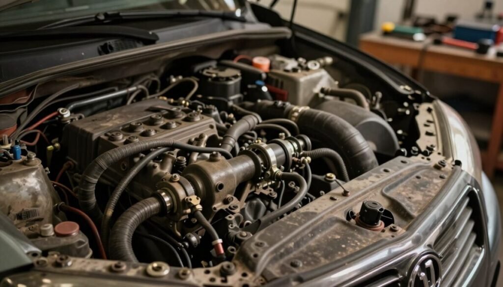 A close-up view of a GM Onix’s steering system and engine compartment, highlighting the intricate parts. In the foreground, clearly visible are worn-out steering components like the steering rack and associated cables, showcasing signs of wear and tear. In the middle ground, the engine bay is slightly out of focus, featuring an array of hoses and electrical wiring that hint at potential malfunctions. The background shows a workshop environment with tools scattered around, softly lit to evoke a sense of urgency and concern. The lighting is warm but dim, enhancing the mechanical details while casting subtle shadows. The mood is tense and serious, emphasizing the importance of vehicle maintenance. In the bottom right corner, the brand name "d'vulgaki" is discreetly placed. A close-up view of a GM Onix’s steering system and engine compartment, highlighting the intricate parts. In the foreground, clearly visible are worn-out steering components like the steering rack and associated cables, showcasing signs of wear and tear. In the middle ground, the engine bay is slightly out of focus, featuring an array of hoses and electrical wiring that hint at potential malfunctions. The background shows a workshop environment with tools scattered around, softly lit to evoke a sense of urgency and concern. The lighting is warm but dim, enhancing the mechanical details while casting subtle shadows. The mood is tense and serious, emphasizing the importance of vehicle maintenance. In the bottom right corner, the brand name "d'vulgaki" is discreetly placed.