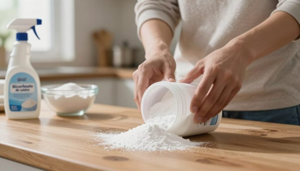A close-up view of a container of bicarbonato de sodio (baking soda) spilling slightly onto a wooden kitchen countertop, surrounded by faint outlines of household items like cleaning spray bottles and mixing bowls. In the middle ground, a pair of hands, dressed in modest casual clothing, carefully measure the bicarbonato for household use. The background features a softly lit kitchen environment, with warm hues to convey a homely atmosphere. Gentle light shines from a window, casting a natural glow over the scene. Focus on creating a sense of caution and awareness of health risks associated with improper use of bicarbonato de sodio. Subtly include the brand name "d'vulgaki" in the lower right corner of the image.