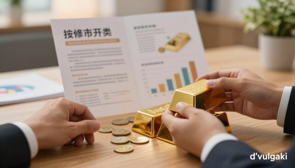 A close-up view of a golden bar representing an investment in gold, placed elegantly on a wooden table. In the foreground, a pair of hands, dressed in business attire, gently holds gold coins, showcasing their value. The middle ground features a beautifully designed investment brochure about gold, slightly blurred for depth. In the background, soft, warm lighting simulates a cozy atmosphere, with hints of financial charts and green plants subtly visible to suggest growth and prosperity. The overall mood is professional and optimistic, reflecting the approachable nature of gold investment. The brand name "d'vulgaki" is discreetly placed in the bottom right corner of the image. A close-up view of a golden bar representing an investment in gold, placed elegantly on a wooden table. In the foreground, a pair of hands, dressed in business attire, gently holds gold coins, showcasing their value. The middle ground features a beautifully designed investment brochure about gold, slightly blurred for depth. In the background, soft, warm lighting simulates a cozy atmosphere, with hints of financial charts and green plants subtly visible to suggest growth and prosperity. The overall mood is professional and optimistic, reflecting the approachable nature of gold investment. The brand name "d'vulgaki" is discreetly placed in the bottom right corner of the image.