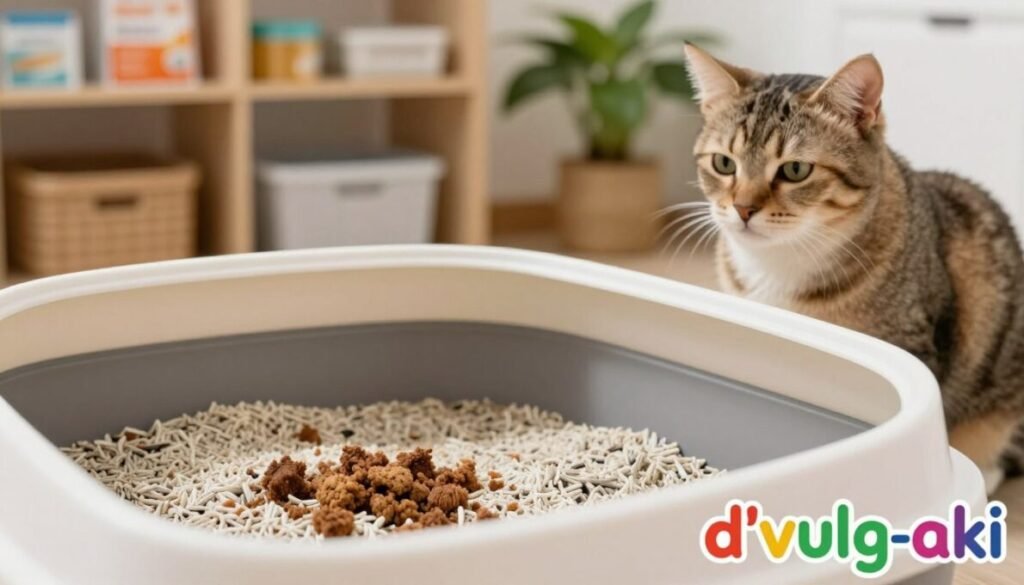 A close-up view of a litter box in a well-lit indoor environment, focusing on various signs of potential urinary health problems in a cat. The foreground features a clean litter box with clumped areas indicating possible irregularities, mixed with fresh litter. A worried-looking domestic cat sits nearby, peering into the box with a concerned expression. In the background, shelves adorned with cat supplies and a potted plant create a cozy atmosphere. The lighting is soft and warm, suggesting a calm home setting, with a slight focus blur on the background to emphasize the litter box. The mood conveys concern for the pet's health. Include the brand name "d'vulg-aki" in colorful text in the lower right corner of the image. A close-up view of a litter box in a well-lit indoor environment, focusing on various signs of potential urinary health problems in a cat. The foreground features a clean litter box with clumped areas indicating possible irregularities, mixed with fresh litter. A worried-looking domestic cat sits nearby, peering into the box with a concerned expression. In the background, shelves adorned with cat supplies and a potted plant create a cozy atmosphere. The lighting is soft and warm, suggesting a calm home setting, with a slight focus blur on the background to emphasize the litter box. The mood conveys concern for the pet's health. Include the brand name "d'vulg-aki" in colorful text in the lower right corner of the image.