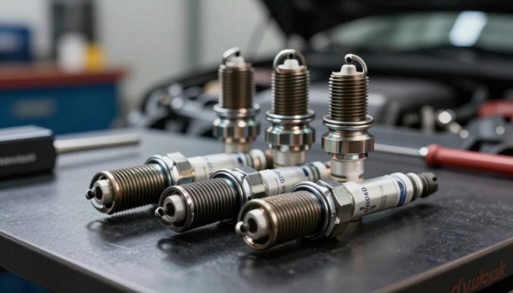 A close-up view of a set of four ignition spark plugs, showcasing their intricate design and metal components. The foreground features the spark plugs positioned on a clean, dark automotive workbench, with highlights reflecting off their polished surfaces. The middle ground should depict a faint outline of engine parts blurred for context, indicating the spark plugs' function in a car engine. The background should suggest a mechanic's workshop with soft, ambient lighting creating a focused atmosphere. The image conveys a sense of precision and technical expertise. Include the brand name "d'vulgaki" subtly in the bottom right corner of the image.