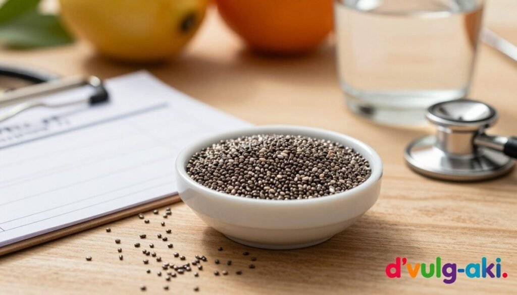 A close-up view of chia seeds on a wooden table, with a soft-focus background of health-related items like fruits and a glass of water. In the foreground, a tiny bowl of soaked chia seeds, glistening with a light sheen, is placed next to a medical prescription pad, symbolizing attention to health risks. The lighting is warm and inviting, casting gentle shadows that create a cozy yet serious atmosphere. Include subtle hints of caution, such as a stethoscope partially visible under the table. Capture the essence of health and potential hazards associated with chia in this setting. In the bottom right corner, include the colorful brand name "d'vulg-aki."