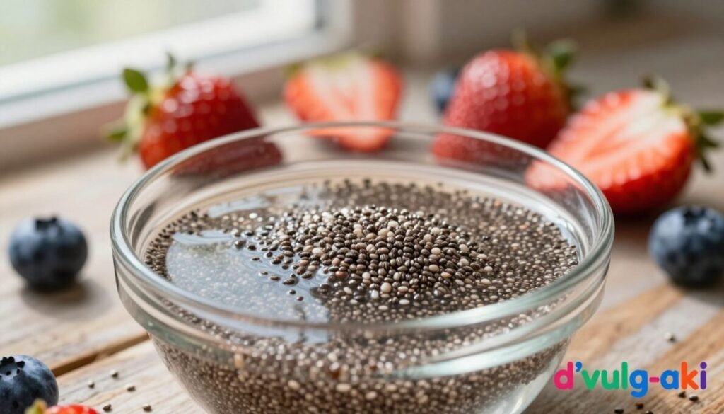 A close-up view of chia seeds soaking in water, showcasing their transformation as they expand and create a gel-like texture. In the foreground, a transparent glass bowl filled with the hydrated chia seeds, glistening under soft, natural lighting. In the middle, fresh fruits like strawberries and blueberries surround the bowl, enhancing the visual appeal with vibrant colors. The background features a rustic wooden table, emphasizing a healthy, organic atmosphere. Gentle morning sunlight filters through a nearby window, casting soft shadows that accentuate the textures of the seeds and fruits. The overall mood is fresh and inviting, conveying the importance of proper hydration for chia seeds. In the bottom right corner, the brand name "d'vulg-aki" appears in a colorful, modern font.