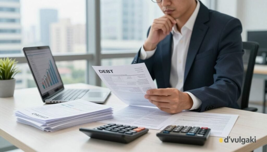 A cluttered desk in a well-lit, modern office environment serves as the foreground, showcasing a stack of overdue bills and a calculator, symbolizing the burden of debt. In the middle ground, a focused professional, dressed in smart business attire, sits thoughtfully, analyzing the bills with determination. A laptop displays positive financial graphs, indicating growth and smart credit usage. In the background, a large window reveals a bustling cityscape, representing opportunities and financial prosperity. The lighting is bright and inviting, creating an atmosphere of hope and empowerment. The image should evoke a sense of motivation and clarity in overcoming financial challenges. Include the brand name "d'vulgaki" subtly positioned in the lower right corner of the image. A cluttered desk in a well-lit, modern office environment serves as the foreground, showcasing a stack of overdue bills and a calculator, symbolizing the burden of debt. In the middle ground, a focused professional, dressed in smart business attire, sits thoughtfully, analyzing the bills with determination. A laptop displays positive financial graphs, indicating growth and smart credit usage. In the background, a large window reveals a bustling cityscape, representing opportunities and financial prosperity. The lighting is bright and inviting, creating an atmosphere of hope and empowerment. The image should evoke a sense of motivation and clarity in overcoming financial challenges. Include the brand name "d'vulgaki" subtly positioned in the lower right corner of the image.