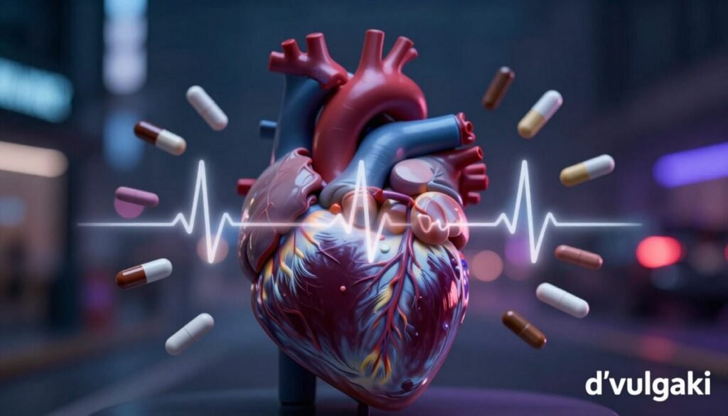 A conceptual image depicting substances affecting the heart, featuring a close-up view of various illicit drugs and medications arranged artistically around a human heart model in the foreground. The heart model, anatomically accurate, glows slightly to represent its critical functions. In the middle, there's a transparent overlay showing a heartbeat line, subtly symbolizing its impact on heart health. The background is a blurred urban scene, hinting at a nightlife atmosphere, with moody lighting in dark blues and purples, creating a sense of urgency and danger. The overall mood should evoke concern and awareness about health risks. The brand name "d'vulgaki" should appear in the bottom right corner with a refined touch.