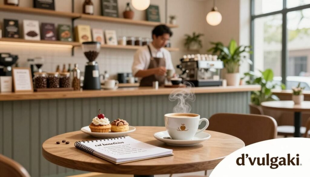A cozy café interior showcasing "café benefícios" with a warm and inviting atmosphere. In the foreground, a beautifully arranged table with a steaming cup of coffee, a small plate of pastries, and a notepad with health benefits of coffee written on it. The middle ground features a barista in professional attire preparing coffee, framed by shelves filled with coffee beans and wellness literature. The background shows soft, natural light streaming through large windows, illuminating green plants to convey a sense of health and vitality. The overall mood is relaxing and uplifting, encouraging wellness through coffee. Include the brand name “d'vulgaki” elegantly placed in the bottom right corner of the image.