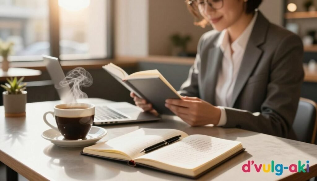 A cozy café scene featuring a stylish workspace with a modern desk and a steaming cup of black coffee. In the foreground, a close-up of the coffee cup resting on an open notebook filled with neatly handwritten notes, with a pen placed beside it. The middle ground showcases a focused individual in professional attire, engaged in reading with a slight smile, exuding concentration and well-being. In the background, large windows let in warm, golden sunlight, illuminating the café’s wooden furnishings and creating a serene atmosphere. Soft shadows enhance the depth of the space. The overall mood is calm and productive, emphasizing the connection between coffee and concentration. The brand name "d'vulg-aki" is subtly placed in the bottom right corner in colorful lettering.