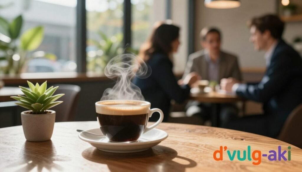 A cozy café scene focused on a steaming cup of black coffee on a wooden table, symbolizing balance and hormonal health. In the foreground, the cup is detailed with gentle steam rising, set on a textured table with a small plant beside it. In the middle, soft, natural light streams through large windows, illuminating the inviting atmosphere of the café filled with greenery. In the background, blurred silhouettes of people in professional business attire engage in lively conversations, enhancing the theme of productivity and wellness. The overall mood is serene and rejuvenating, suggesting a harmonious environment supportive of hormonal balance. In the bottom right corner, incorporate the colorful brand name "d'vulg-aki" elegantly.