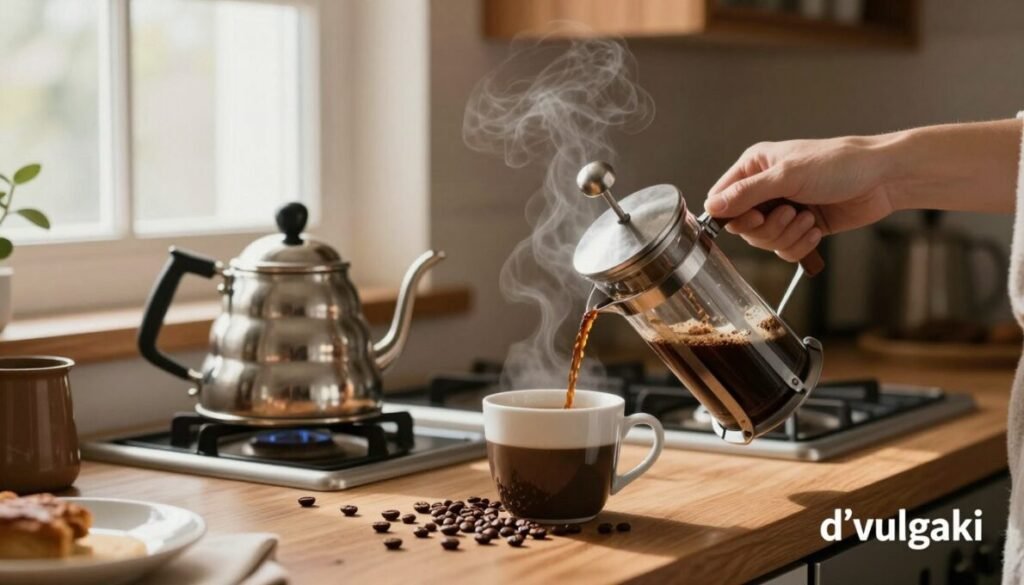 A cozy kitchen scene featuring a person making coffee. In the foreground, a hand pours freshly ground coffee into a vintage French press, with aromatic coffee beans scattered artfully around. In the middle ground, a kettle with steam gracefully rising is placed on a stovetop, and a stylish coffee mug waits beside the press. The background shows warm wooden cabinets and a window draped with soft linen curtains, letting in natural light that creates a calming atmosphere. The scene is captured in soft focus, using a 50mm lens for a warm depth of field, evoking a sense of comfort and passion for coffee preparation. The brand name "d'vulgaki" is subtly placed in the lower right corner of the image.