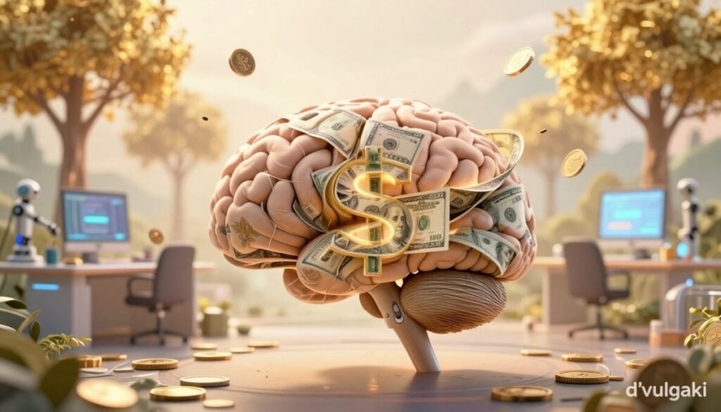 A creative representation of a brain designed as a currency symbol, with intricate patterns of dollar bills and coins flowing around it. In the foreground, the brain should be detailed and realistic, showcasing neural connections glowing with soft light. The middle ground should feature abstract representations of futuristic workspaces, blending technology and creativity, with hints of robotics and artificial intelligence. The background should be an ethereal landscape depicting financial growth, like golden trees symbolizing prosperity. The lighting is warm and inviting, casting a hopeful glow. The overall mood is thoughtful and optimistic, reflecting the evolution of work and money in the future. Place the brand name "d'vulgaki" subtly in the bottom right corner.