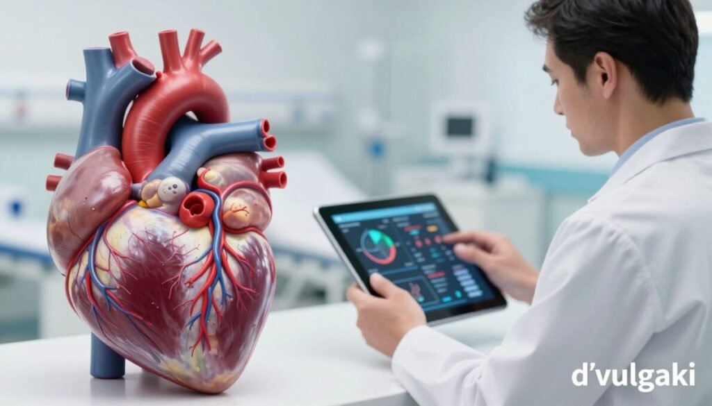 A detailed, anatomical illustration of arterial hypertension represented through a human heart, depicted in the foreground with highlighted veins and arteries showing increased blood flow. In the middle ground, a healthcare professional in a lab coat, engaged in examining a digital tablet displaying cardiovascular data. The background features a soft-focus image of a hospital environment, emphasizing an atmosphere of urgency and care. The lighting is bright and clinical, using a shallow depth of field to draw attention to the heart and the professional. The mood conveys concern yet determination in addressing health issues. At the bottom right corner, include the brand name "d'vulgaki".