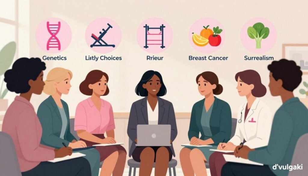 A detailed and informative illustration depicting the risk factors for breast cancer. The foreground features a diverse group of women in professional business attire, engaged in a discussion about health and wellness. In the middle ground, visual representations of common risk factors such as genetics, lifestyle choices, and environmental influences are symbolically illustrated, using icons like a DNA strand, exercise equipment, and healthy food. The background shows a serene healthcare setting, with soft lighting that creates a hopeful and educational atmosphere. The scene captures an empowering mood of awareness and prevention. In the bottom right corner, the brand name "d'vulgaki" is discreetly placed. 5 maneiras eficazes de evitar câncer de mama