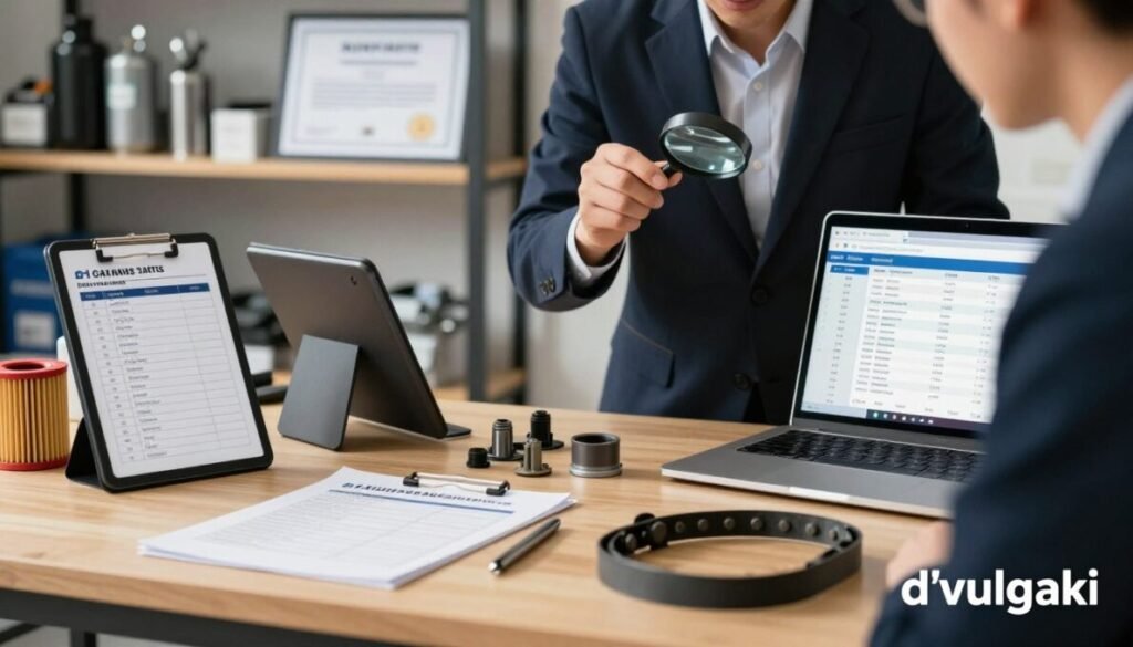 A detailed and informative image capturing the concept of efficient auto parts purchasing. In the foreground, an organized workspace with a checklist for auto parts, digital devices like a tablet and laptop displaying comparison tools, and neatly arranged auto parts like filters and belts. In the middle ground, a professional person in business attire, examining a part with a magnifying glass, representing diligence and expertise. The background features a shelf with various car parts and a quality assurance certificate displayed prominently. Soft, natural lighting creates a warm atmosphere, emphasizing trust and reliability. The image should include the brand name "d'vulgaki" subtly positioned in the bottom right corner.