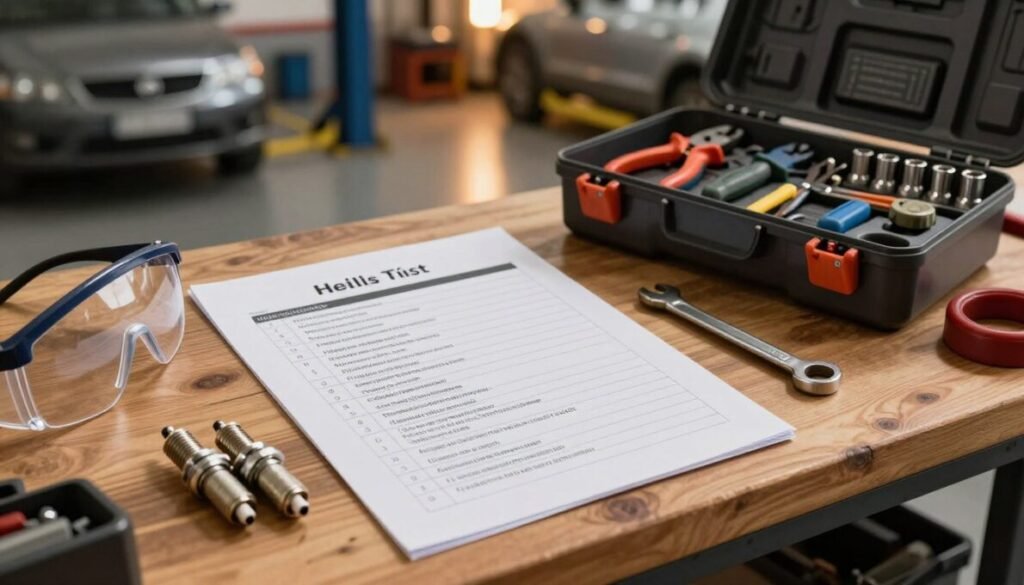 A detailed checklist for changing ignition spark plugs in a car, laid out on a wooden workbench. In the foreground, there are spark plugs, a wrench, and safety goggles. The checklist is paper with clear, well-defined sections for each step, and tools carefully organized. In the middle ground, there’s a mechanic's toolbox opened, revealing various tools like pliers, screwdrivers, and a socket set. In the background, an automotive garage is visible with car parts, a car lift, and warm, ambient lighting creating a focused but inviting atmosphere. Capture this scene from a slight overhead angle to emphasize the checklist while maintaining a sense of organized chaos. Ensure "d'vulgaki" is subtly positioned in the bottom right corner.