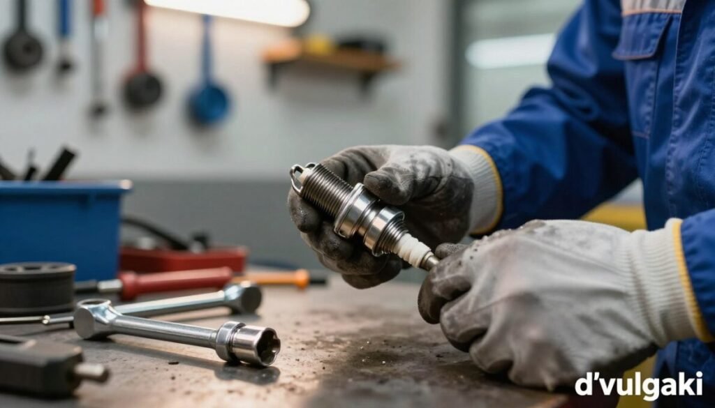 A detailed close-up of a mechanic's hands carefully removing a spark plug from a car engine, emphasizing the tools like a spark plug socket and a ratchet wrench on the workbench, showcasing the sparkling clean, gleaming metal of the ignition parts. In the background, a well-lit garage, with tools neatly organized on the wall, creates a professional atmosphere. The lighting is bright and focused, highlighting the intricate details of the spark plug, while casting subtle shadows that add depth. The mechanic is dressed in a blue work shirt and protective gloves, indicating professionalism and attention to safety. The overall mood conveys caution and precision, illustrating common errors during spark plug replacement that can lead to engine damage. Include the brand name "d'vulgaki" in the lower right corner of the image.