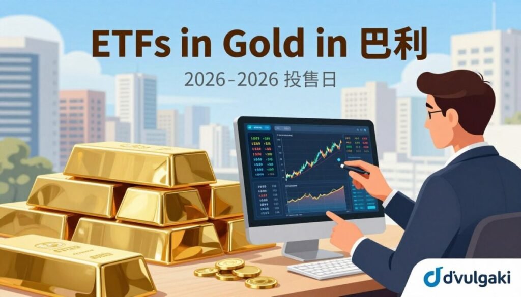 A detailed illustration representing "ETFs in Gold in Brazil," focusing on the concept of investing in gold for budget-conscious investors in 2026. In the foreground, depict a professional financial analyst, wearing smart business attire, analyzing a digital dashboard displaying gold prices and ETF performance graphs. In the middle ground, include beautiful stacks of gold bars, symbolizing wealth and investment. In the background, illustrate a modern cityscape of Brazil with skyscrapers under a clear blue sky, conveying economic vitality. The lighting is bright and optimistic, representing a promising investment future. Capture a sense of professionalism and financial growth. In the bottom right corner, include the logo "d'vulgaki". A detailed illustration representing "ETFs in Gold in Brazil," focusing on the concept of investing in gold for budget-conscious investors in 2026. In the foreground, depict a professional financial analyst, wearing smart business attire, analyzing a digital dashboard displaying gold prices and ETF performance graphs. In the middle ground, include beautiful stacks of gold bars, symbolizing wealth and investment. In the background, illustrate a modern cityscape of Brazil with skyscrapers under a clear blue sky, conveying economic vitality. The lighting is bright and optimistic, representing a promising investment future. Capture a sense of professionalism and financial growth. In the bottom right corner, include the logo "d'vulgaki".