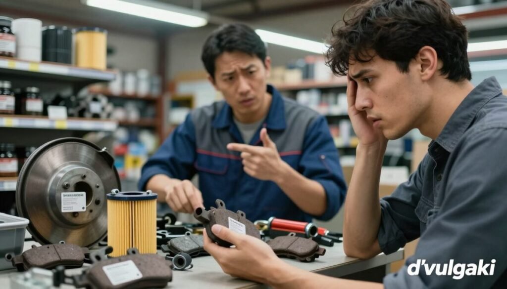 A detailed scene illustrating common mistakes in purchasing auto parts. In the foreground, a confused car owner examines mismatched auto parts, such as brake pads and filters, showcasing labels that highlight incorrect sizing. In the middle, a mechanic points out the errors, dressed in a professional uniform, with tools scattered around. The background displays a cluttered auto parts store filled with shelves of miscellaneous car parts, fluorescent lighting illuminating the scene, casting soft shadows. The atmosphere should convey a sense of frustration but also a hint of humor. The image should also feature the brand name "d'vulgaki" placed subtly in the bottom right corner.