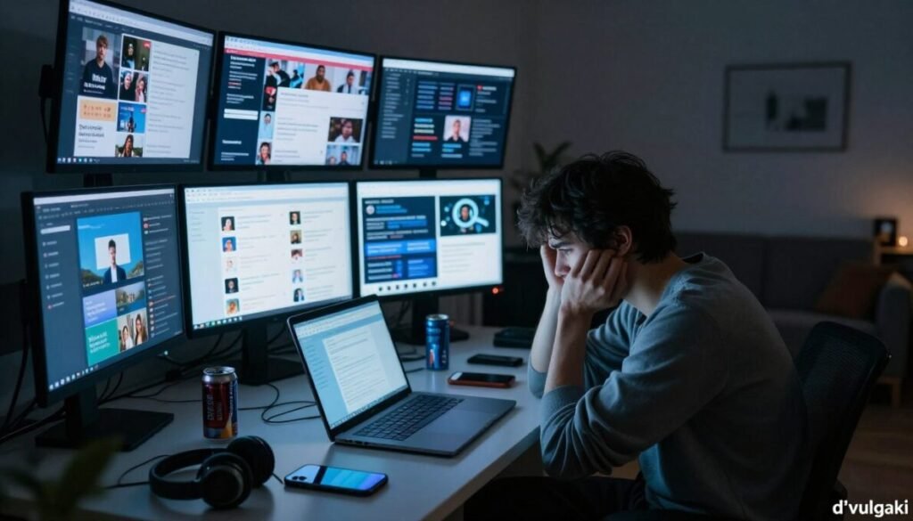 A dimly lit room filled with multiple screens displaying overwhelming social media feeds, news articles, and notifications, emphasizing the theme of excessive screen usage. In the foreground, a young adult in casual clothing sits hunched over a laptop, their face illuminated by the glaring blue light of the screen, showing signs of stress and anxiety. In the middle ground, a cluttered desk scattered with mobile devices, headphones, and energy drink cans, symbolizing the chaotic digital environment. The background features a dark, cozy living space, hinting at isolation. Soft, moody lighting casts shadows, heightening the sense of unease. The atmosphere conveys a struggle with mental health due to technology overload. d'vulgaki in the bottom right corner. A dimly lit room filled with multiple screens displaying overwhelming social media feeds, news articles, and notifications, emphasizing the theme of excessive screen usage. In the foreground, a young adult in casual clothing sits hunched over a laptop, their face illuminated by the glaring blue light of the screen, showing signs of stress and anxiety. In the middle ground, a cluttered desk scattered with mobile devices, headphones, and energy drink cans, symbolizing the chaotic digital environment. The background features a dark, cozy living space, hinting at isolation. Soft, moody lighting casts shadows, heightening the sense of unease. The atmosphere conveys a struggle with mental health due to technology overload. d'vulgaki in the bottom right corner.