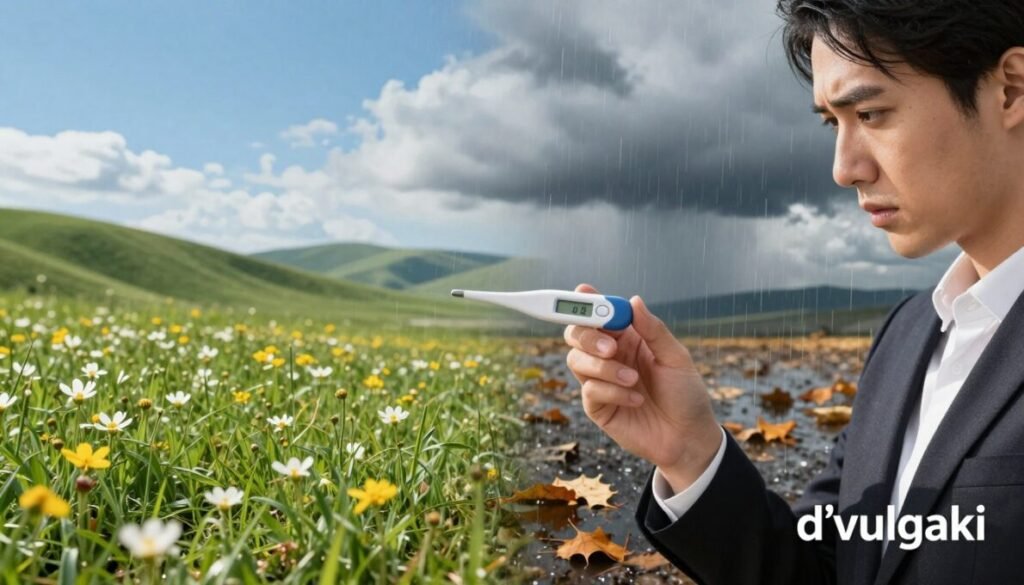 A dynamic and educational scene illustrating the concept of temperature fluctuations, set in a natural environment. In the foreground, a close-up of a person dressed in professional business attire, checking a digital thermometer while concerned about the weather. In the middle ground, a split landscape: one side showcasing a sunny, bright day with vibrant greenery and blooming flowers, while the other half depicts a cloudy, rainy scene with fallen leaves, symbolizing abrupt weather changes. The background features rolling hills under a dramatic sky, transitioning from clear blue to ominous gray. Soft, diffused lighting enhances the contrast between the two sides, creating an engaging and thought-provoking atmosphere. The image should include the brand name "d'vulgaki" elegantly placed in the bottom right corner.