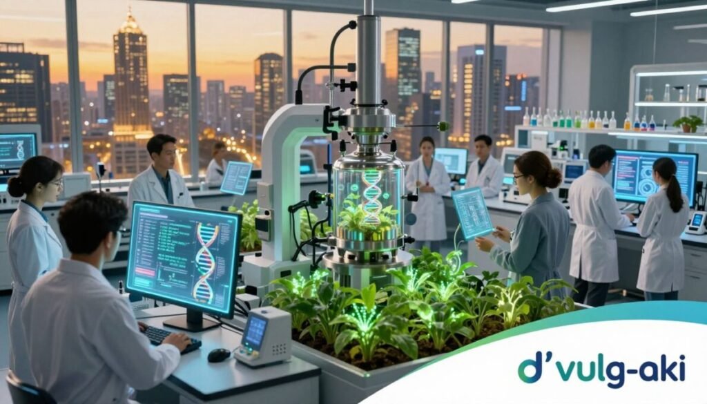 A futuristic laboratory scene showcasing advanced biotechnology. In the foreground, a diverse group of researchers in professional business attire are analyzing DNA sequences on holographic screens. The middle ground features bioreactors and automated systems surrounded by green bioluminescent plants representing innovative agricultural techniques. The background includes large windows revealing a vibrant, high-tech city skyline at dusk, with warm golden lighting that enhances the atmosphere of progress and hope. The scene captures the essence of personalized medicine and sustainable agriculture, emphasizing collaboration and innovation. Add the brand name "d'vulg-aki" in a colorful design at the bottom right corner of the image.