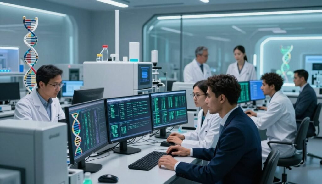 A futuristic laboratory setting focused on genetic monitoring for lung cancer. In the foreground, a diverse group of researchers in professional business attire analyzes DNA sequences on high-tech monitors, looking engaged and collaborative. The middle ground features advanced lab equipment, like DNA sequencers and analysis screens displaying complex genetic data. The background showcases a sleek, modern design with glass walls and atmospheric lighting, enhancing the scientific ambiance. Soft blue and green hues create a calm yet urgent mood, symbolizing hope in cancer prevention through genetics. The corner of the image displays the logo "d'vulgaki" subtly.