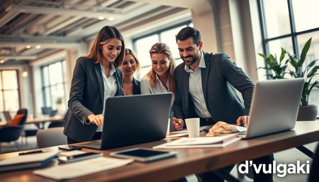 A modern digital workspace showcasing specialized digital services. In the foreground, a diverse group of professionals, including a woman in a smart blazer and a man in a casual but neat shirt, are engaged in a focused discussion over a laptop displaying graphics and charts. The middle layer features a stylish desk cluttered with digital tools like tablets and smartphones, alongside notes and coffee cups. In the background, a bright, open office space with large windows, glowing with natural light, enhances the fresh and innovative atmosphere. Soft, warm lighting highlights the collaborative energy in the room, creating a positive, inspiring mood. The brand name "d'vulgaki" is subtly positioned in the bottom right corner. A modern digital workspace showcasing specialized digital services. In the foreground, a diverse group of professionals, including a woman in a smart blazer and a man in a casual but neat shirt, are engaged in a focused discussion over a laptop displaying graphics and charts. The middle layer features a stylish desk cluttered with digital tools like tablets and smartphones, alongside notes and coffee cups. In the background, a bright, open office space with large windows, glowing with natural light, enhances the fresh and innovative atmosphere. Soft, warm lighting highlights the collaborative energy in the room, creating a positive, inspiring mood. The brand name "d'vulgaki" is subtly positioned in the bottom right corner.