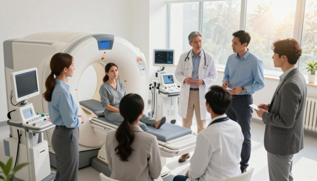 A modern healthcare setting showcasing cutting-edge preventive examinations. In the foreground, a diverse group of healthcare professionals in professional business attire, engaged in a discussion around advanced medical equipment, such as a high-tech MRI machine and digital health monitors. The middle ground features a patient sitting comfortably, displaying a look of reassurance and curiosity, as one of the professionals explains the procedure. In the background, large windows allow natural sunlight to stream in, creating a warm and inviting atmosphere. The overall mood is one of hope and innovation. The image should be bright and well-lit, using a slightly elevated angle to capture the interaction among the professionals and the patient. Include a subtle watermark of "d'vulgaki" in the bottom right corner.