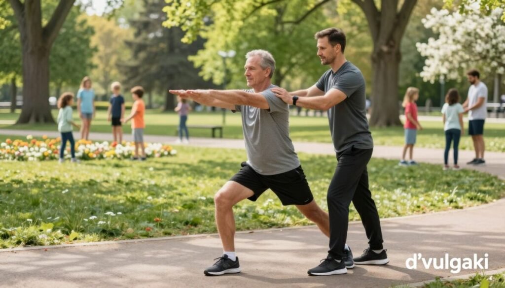 A personal trainer assisting a middle-aged male client in an outdoor park, demonstrating a tailored exercise routine suitable for cancer prevention. In the foreground, the trainer, dressed in a professional athletic outfit, is guiding the client through a series of strength-building stretches. The middle ground features a serene park environment with green grass and blooming flowers, indicating a calm and encouraging atmosphere. Soft, natural sunlight filters through the trees, casting gentle shadows on the ground. In the background, families engage in various physical activities, promoting a vibrant, active lifestyle. The overall mood is supportive and empowering, emphasizing health and wellness. In the bottom right corner, include the brand name "d'vulgaki".