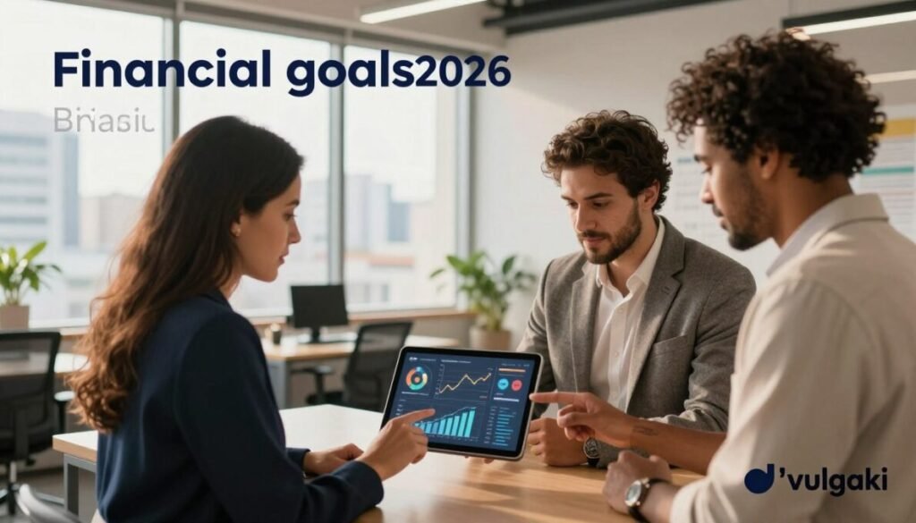 A professional and inspiring representation of financial goals in Brazil for 2026. In the foreground, a diverse group of three professionals (a woman in a business suit, a man in smart casual wear, and a person of mixed descent in semi-formal clothing) consult over a digital tablet displaying financial graphs and charts. In the middle ground, a modern office environment with large windows showing a bright cityscape. The background features subtle elements like a financial planning board, motivational quotes, and plants to convey growth. Soft, warm lighting from the windows creates a positive and hopeful atmosphere. The perspective is slightly angled to capture action and collaboration, with the brand name "d'vulgaki" discreetly positioned in the bottom right corner. A professional and inspiring representation of financial goals in Brazil for 2026. In the foreground, a diverse group of three professionals (a woman in a business suit, a man in smart casual wear, and a person of mixed descent in semi-formal clothing) consult over a digital tablet displaying financial graphs and charts. In the middle ground, a modern office environment with large windows showing a bright cityscape. The background features subtle elements like a financial planning board, motivational quotes, and plants to convey growth. Soft, warm lighting from the windows creates a positive and hopeful atmosphere. The perspective is slightly angled to capture action and collaboration, with the brand name "d'vulgaki" discreetly positioned in the bottom right corner.
