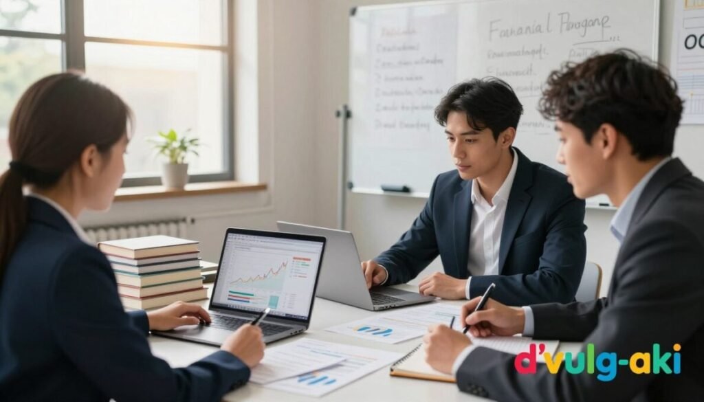 A professional and inviting workspace focused on financial education. In the foreground, a diverse group of three individuals—two men and one woman—engaged in a discussion, all dressed in smart business attire. One person is pointing at a laptop displaying financial graphs, while another takes notes, showcasing collaboration and learning. The middle ground features an array of educational materials: books on personal finance, investment charts, and a whiteboard with written key points. The background shows large windows with natural light streaming in, adding warmth to the atmosphere. The overall mood is one of motivation and empowerment in financial growth. The brand name "d'vulg-aki" appears in colorful lettering in the bottom right corner. A professional and inviting workspace focused on financial education. In the foreground, a diverse group of three individuals—two men and one woman—engaged in a discussion, all dressed in smart business attire. One person is pointing at a laptop displaying financial graphs, while another takes notes, showcasing collaboration and learning. The middle ground features an array of educational materials: books on personal finance, investment charts, and a whiteboard with written key points. The background shows large windows with natural light streaming in, adding warmth to the atmosphere. The overall mood is one of motivation and empowerment in financial growth. The brand name "d'vulg-aki" appears in colorful lettering in the bottom right corner.
