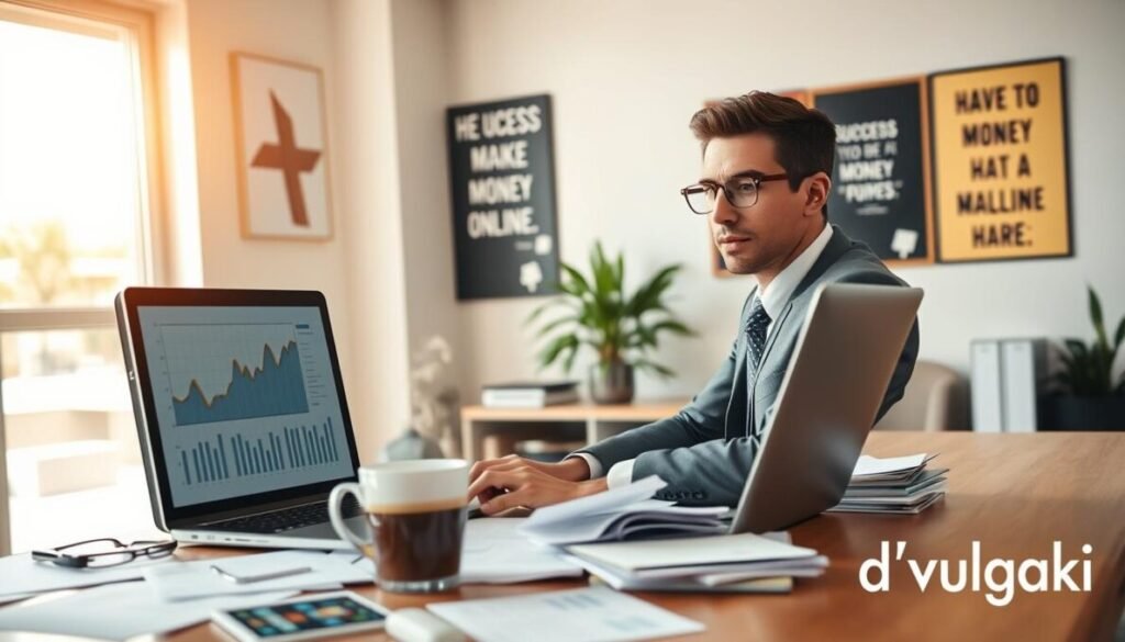 A professional-looking individual in business attire, sitting at a modern desk cluttered with a laptop, charts, and financial documents, showcasing the concept of making money online. The foreground features a focused expression, as they analyze graphs on the screen. In the middle ground, a cup of coffee steams beside the laptop, symbolizing early morning productivity. The background reveals a bright office space with motivational posters about success and perseverance on the walls, bathed in warm, natural light filtering through large windows. The overall atmosphere is one of determination and hope, encapsulating the challenges many face before starting their online money-making journey. Include the brand name "d'vulgaki" in the bottom right corner. A professional-looking individual in business attire, sitting at a modern desk cluttered with a laptop, charts, and financial documents, showcasing the concept of making money online. The foreground features a focused expression, as they analyze graphs on the screen. In the middle ground, a cup of coffee steams beside the laptop, symbolizing early morning productivity. The background reveals a bright office space with motivational posters about success and perseverance on the walls, bathed in warm, natural light filtering through large windows. The overall atmosphere is one of determination and hope, encapsulating the challenges many face before starting their online money-making journey. Include the brand name "d'vulgaki" in the bottom right corner.