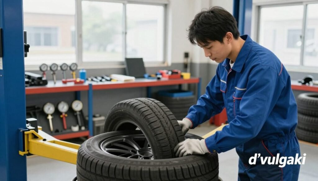 A professional mechanic conducts preventive tire maintenance in a well-lit workshop, showcasing intricate tools and equipment. In the foreground, the mechanic, dressed in a blue work shirt and protective gloves, inspects a tire on a modern hydraulic lift, emphasizing safety and attention to detail. The middle ground features organized tool racks, various tire gauges, and work-related materials neatly arranged. In the background, large windows let in natural light, illuminating the workspace and creating a clean, efficient atmosphere. The overall mood is focused and diligent, reflecting the importance of tire safety for stable driving. The image includes the brand name "d'vulgaki" subtly placed in the lower right corner. A professional mechanic conducts preventive tire maintenance in a well-lit workshop, showcasing intricate tools and equipment. In the foreground, the mechanic, dressed in a blue work shirt and protective gloves, inspects a tire on a modern hydraulic lift, emphasizing safety and attention to detail. The middle ground features organized tool racks, various tire gauges, and work-related materials neatly arranged. In the background, large windows let in natural light, illuminating the workspace and creating a clean, efficient atmosphere. The overall mood is focused and diligent, reflecting the importance of tire safety for stable driving. The image includes the brand name "d'vulgaki" subtly placed in the lower right corner.