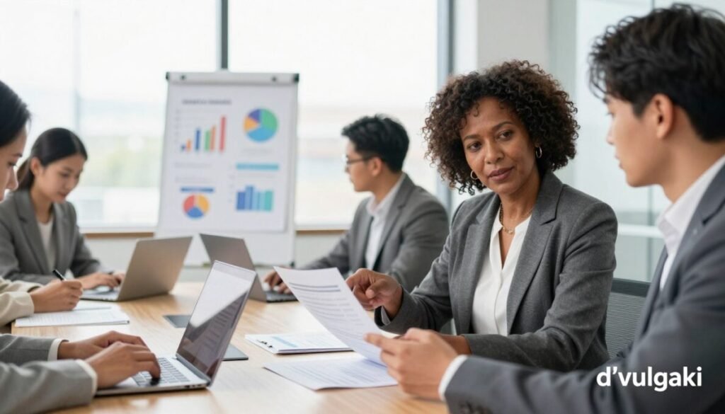A professional office environment depicting a diverse group of business people engaged in a discussion about workplace mental health and psychosocial risks. In the foreground, a middle-aged Black woman in professional attire points at a report, while a young Asian man reviews data on his laptop. The middle ground features a large conference table with documents and a laptop open, with a soft focus on a flip chart displaying charts and graphs related to mental health regulation. The background shows a bright, modern office with large windows allowing natural light to flood the space, creating an optimistic and collaborative atmosphere. The scene should convey a sense of professionalism, urgency, and awareness of mental health challenges in the workplace. Include the brand name "d'vulgaki" subtly positioned in the lower right corner. A professional office environment depicting a diverse group of business people engaged in a discussion about workplace mental health and psychosocial risks. In the foreground, a middle-aged Black woman in professional attire points at a report, while a young Asian man reviews data on his laptop. The middle ground features a large conference table with documents and a laptop open, with a soft focus on a flip chart displaying charts and graphs related to mental health regulation. The background shows a bright, modern office with large windows allowing natural light to flood the space, creating an optimistic and collaborative atmosphere. The scene should convey a sense of professionalism, urgency, and awareness of mental health challenges in the workplace. Include the brand name "d'vulgaki" subtly positioned in the lower right corner.