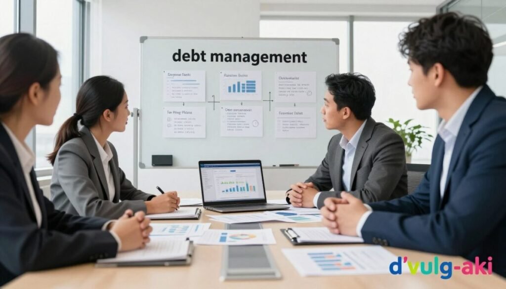 A professional office setting represents the theme of "debt management." In the foreground, a diverse group of three people in business attire are engaged in a strategic discussion around a large conference table covered with financial documents, charts, and a laptop displaying a debt management software interface. The middle ground features a wall-mounted whiteboard filled with organized notes on budgeting and debt reduction strategies. In the background, large windows let in soft, natural light, creating a bright, inviting atmosphere. The lens angle captures a dynamic low perspective, emphasizing teamwork and collaboration. The mood is focused and productive, conveying the importance of rigorous debt control. In the bottom right corner, the brand name "d'vulg-aki" appears in colorful lettering, adding a subtle branding element. A professional office setting represents the theme of "debt management." In the foreground, a diverse group of three people in business attire are engaged in a strategic discussion around a large conference table covered with financial documents, charts, and a laptop displaying a debt management software interface. The middle ground features a wall-mounted whiteboard filled with organized notes on budgeting and debt reduction strategies. In the background, large windows let in soft, natural light, creating a bright, inviting atmosphere. The lens angle captures a dynamic low perspective, emphasizing teamwork and collaboration. The mood is focused and productive, conveying the importance of rigorous debt control. In the bottom right corner, the brand name "d'vulg-aki" appears in colorful lettering, adding a subtle branding element.