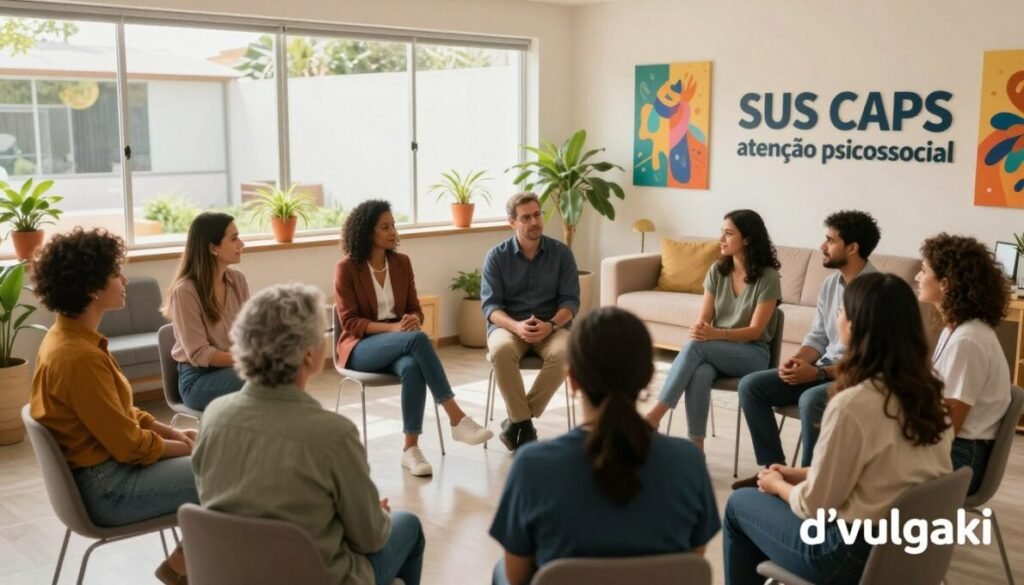 A serene and inviting community mental health center representing "SUS CAPS atenção psicossocial" in Brazil. In the foreground, a diverse group of professionals, dressed in smart casual attire, engage with community members in discussion, conveying a sense of support and empathy. In the middle ground, large windows let in warm, natural light, illuminating a welcoming space with comfortable seating and plants. The background features vibrant artwork on the walls, symbolizing hope and resilience in mental health. The atmosphere is calm and positive, conveying progress in mental health care. The image should have soft lighting, shot from a slightly elevated angle to capture the dynamic interactions. In the lower right corner, include the brand name "d'vulgaki." A serene and inviting community mental health center representing "SUS CAPS atenção psicossocial" in Brazil. In the foreground, a diverse group of professionals, dressed in smart casual attire, engage with community members in discussion, conveying a sense of support and empathy. In the middle ground, large windows let in warm, natural light, illuminating a welcoming space with comfortable seating and plants. The background features vibrant artwork on the walls, symbolizing hope and resilience in mental health. The atmosphere is calm and positive, conveying progress in mental health care. The image should have soft lighting, shot from a slightly elevated angle to capture the dynamic interactions. In the lower right corner, include the brand name "d'vulgaki."