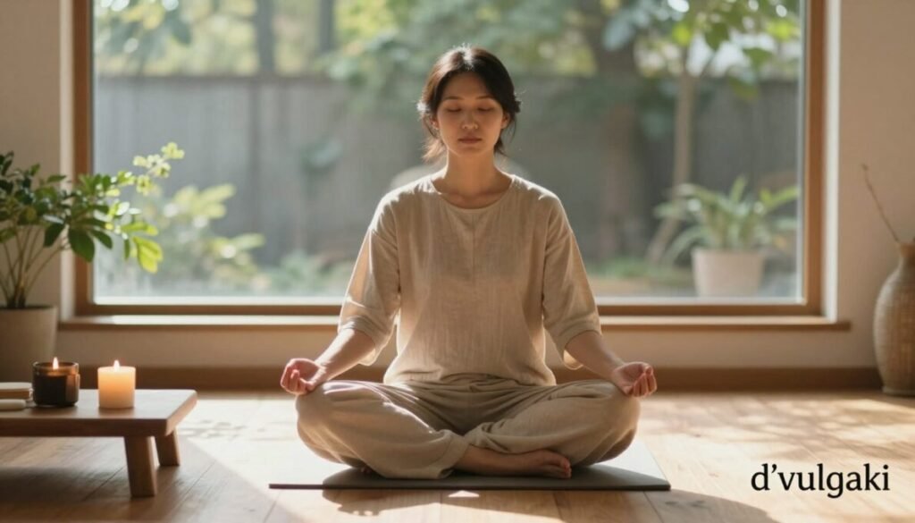 A serene individual seated in a cross-legged position on a natural wooden floor, practicing mindfulness meditation. The person has a calm expression, wearing comfortable, modest clothing in soft earth tones, surrounded by gentle, diffused sunlight filtering through a large window, creating a warm and inviting atmosphere. In the foreground, a small table holds a few aromatic candles and a potted plant, adding tranquility. In the background, soft greenery from outside is visible through the window, enhancing the connection to nature. The overall mood is peaceful and reflective, evoking a sense of inner calm and balance. Include the brand name "d'vulgaki" in the bottom right corner.