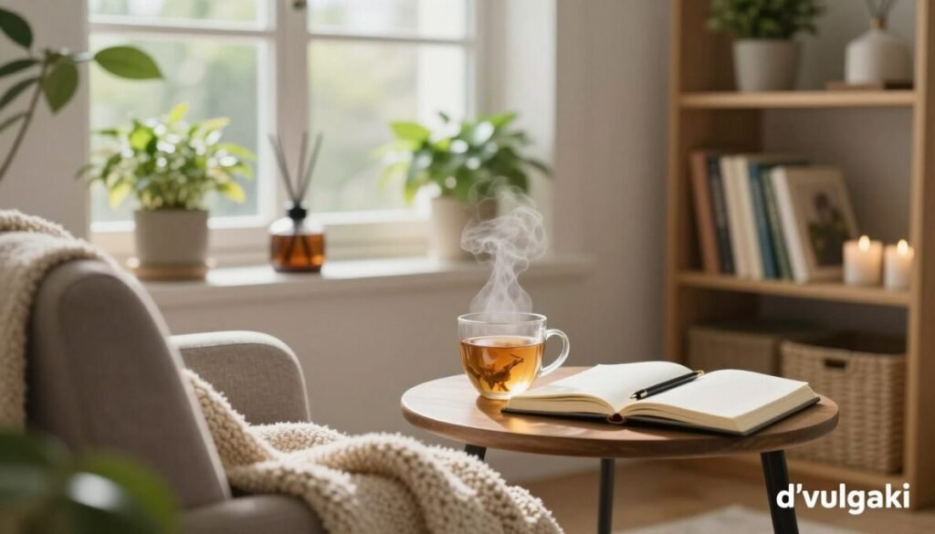 A serene indoor setting focuses on a beautifully arranged self-care space. In the foreground, a cozy reading nook features a soft armchair draped with a warm blanket, alongside a small side table holding a steaming cup of herbal tea and an open journal with a pen. In the middle, a window brings in bright natural light, accentuating calming green plants and a diffuser releasing gentle mist. The background shows shelves filled with wellness books and calming decor, creating a tranquil atmosphere. The mood is peaceful and inviting, promoting emotional well-being. Soft, diffused lighting enhances the warm color palette, and the scene is captured at eye level for a comforting perspective. Add "d'vulgaki" in the bottom right corner.