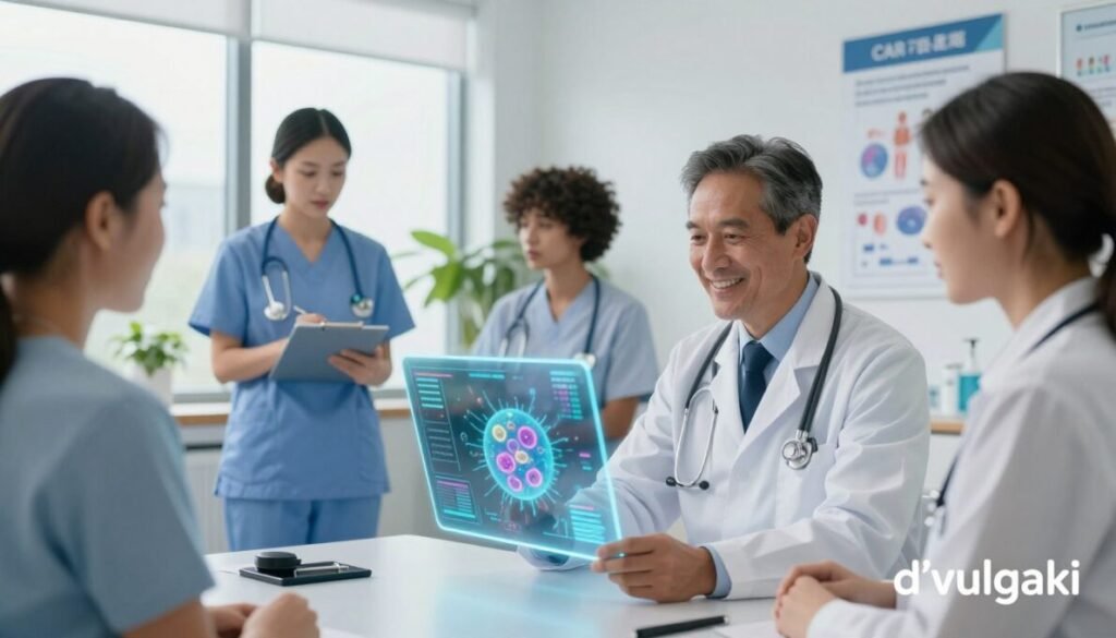 A serene medical scene showcasing a diverse group of healthcare professionals engaged in a collaborative discussion in a modern, well-lit oncology treatment room. In the foreground, a smiling doctor in a crisp white coat is examining a holographic presentation of cancer cells responding positively to CAR-T therapy, highlighted with luminescent effects. In the middle ground, a nurse taking notes from a patient’s file stands beside a monitor displaying patient success stories. The background features large windows with natural light flooding in, plants for a calming effect, and posters promoting immunotherapy advancements. The mood is optimistic and hopeful, embodying the transformative impact of CAR-T therapy. The brand name "d'vulgaki" is subtly integrated in the lower right corner of the image.
