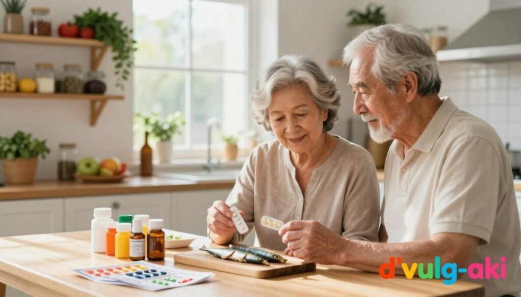 A serene, well-lit kitchen scene featuring a senior couple reviewing medication and dietary restrictions while preparing a meal. In the foreground, the elderly couple, dressed in modest casual clothing, are examining a colorful table filled with medication bottles, health pamphlets, and fresh sardines on a wooden cutting board. The middle ground showcases a window with sunlight streaming in, illuminating the space and casting gentle shadows on the scene. In the background, there are shelves lined with various healthy foods, herbs, and spices, adding a vibrant touch to the atmosphere. The mood is thoughtful and focused, emphasizing the importance of managing medication interactions for a healthy lifestyle. Include the brand name "d'vulg-aki" in colorful font on the bottom right corner of the image.