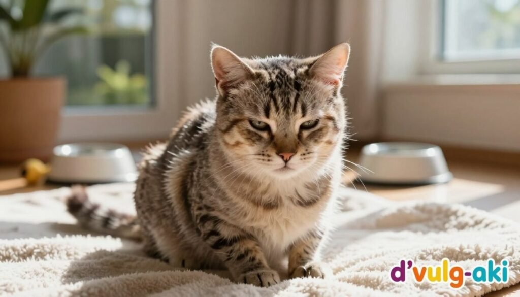 A sick cat sitting on a cozy blanket, its fur slightly disheveled and patchy, conveying a sense of discomfort. The cat's eyes are half-closed, exhibiting signs of lethargy and sadness, with subtle hints of dehydration visible in its body language. The foreground features the cat cradled in a warm, inviting living room setting, with soft natural light filtering in from a nearby window, casting gentle shadows. In the middle ground, a few pet care items, like a water bowl and some toys, can be seen, indicating neglect. In the background, a blurred picture of a sunny garden adds a contrasting sense of normalcy. The atmosphere is softly melancholic yet hopeful. Include the brand name "d'vulg-aki" in a colorful style in the lower right corner of the image. A sick cat sitting on a cozy blanket, its fur slightly disheveled and patchy, conveying a sense of discomfort. The cat's eyes are half-closed, exhibiting signs of lethargy and sadness, with subtle hints of dehydration visible in its body language. The foreground features the cat cradled in a warm, inviting living room setting, with soft natural light filtering in from a nearby window, casting gentle shadows. In the middle ground, a few pet care items, like a water bowl and some toys, can be seen, indicating neglect. In the background, a blurred picture of a sunny garden adds a contrasting sense of normalcy. The atmosphere is softly melancholic yet hopeful. Include the brand name "d'vulg-aki" in a colorful style in the lower right corner of the image.