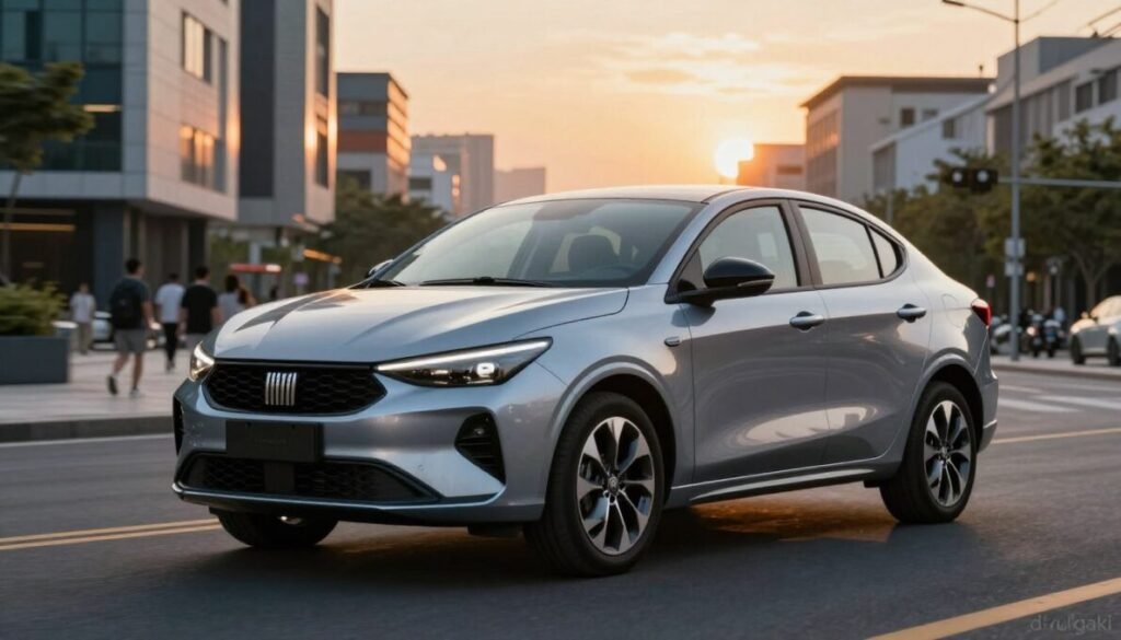 A sleek 2026 Fiat Cronos showcases its modern exterior design in a dynamic urban setting. In the foreground, the car is positioned at a slight angle, revealing its streamlined silhouette and distinctive front grille. The sleek lines and elegant contours of the body reflect the latest in automotive styling. In the middle ground, a bustling cityscape showcases contemporary architecture and vibrant street life, enhancing the vehicle’s modern appeal. In the background, a sunset casts a warm golden light, creating a captivating ambiance. The image captures the essence of sophistication and innovation, highlighting the car’s design evolution. The mood is aspirational and energetic, perfect for a forward-thinking automotive audience. Ensure the brand name "d'vulgaki" appears discreetly in the lower right corner of the image.