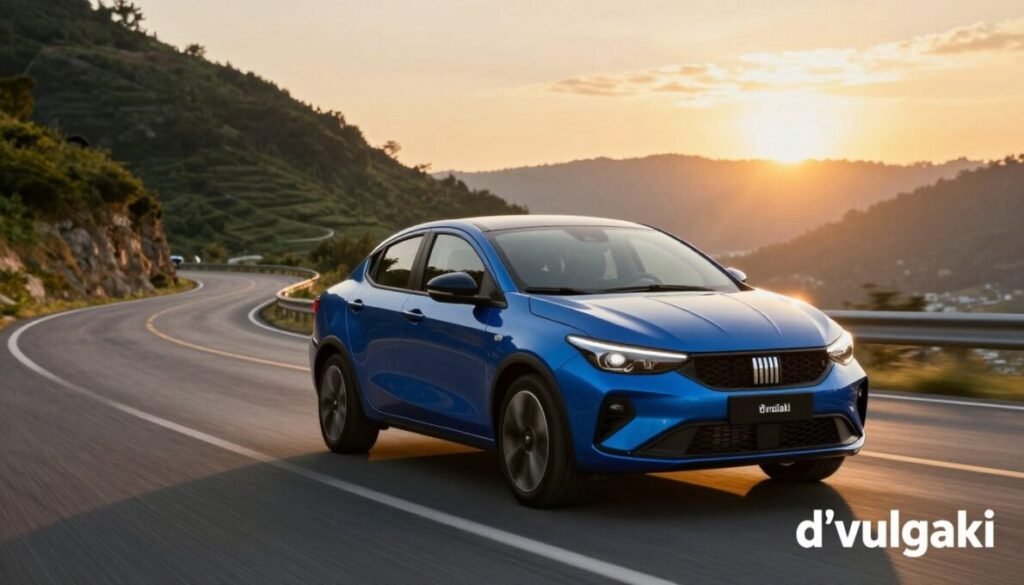 A sleek and modern 2026 Fiat Cronos stands prominently in the foreground, showcasing its aerodynamic design and contemporary features. The car is finished in a vibrant metallic blue, gleaming under a sunset backdrop that casts warm hues across the scene. In the middle ground, a winding road stretches into the distance, symbolizing performance and adventure, surrounded by lush green hills. The lighting adds a dynamic flair, highlighting the curves and edges of the vehicle, while a slight lens flare enhances the captivating atmosphere. The angle is low, emphasizing the car’s stance and performance capabilities. Subtle shadows enhance depth, contributing to a sense of speed and movement. The brand name "d'vulgaki" is elegantly placed in the bottom right corner of the image.