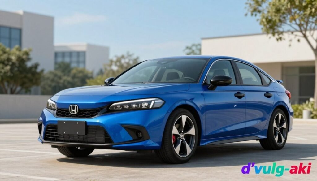 A sleek and modern 2026 Honda Civic, showcased in a dynamic three-quarter view, emphasizes its sporty design and advanced technology. The foreground features the car in a vibrant metallic blue finish, highlighting sharp lines and an aggressive front grille. The middle ground includes a serene urban setting with softly blurred buildings and greenery, suggesting innovation and progress. The background features a clear blue sky, with sunlight casting soft shadows on the car, enhancing its contours. Use a low-angle perspective to convey power and performance, while the overall mood is optimistic and futuristic. The image should have natural lighting to accentuate the color and details of the vehicle. In the bottom right corner, include the brand name "d'vulg-aki" in a colorful, stylish font to keep a cohesive look.