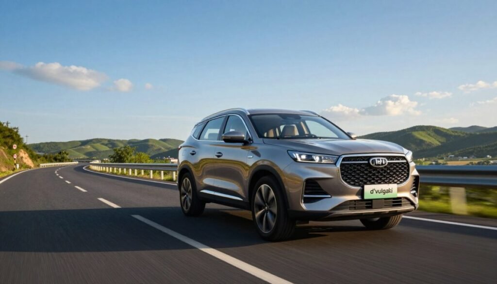A sleek and modern Tiggo 8 Pro 1.6 Turbo SUV accelerates along a winding highway, showcasing its performance capabilities. In the foreground, emphasize the SUV in a dynamic pose, highlighting its stylish design and aerodynamic features, with glistening reflections of sunlight reflecting off its metallic paint. The middle ground captures a scenic road with clear blue skies and lush green landscapes, suggesting a vibrant atmosphere. The background features distant rolling hills and a few wispy clouds to enhance the sense of adventure. The lighting is warm and inviting, suggesting early evening, with a slight golden hue enveloping the scene. The image conveys excitement and high performance, embodying the essence of road driving. Place the brand name "d'vulgaki" subtly in the bottom right corner of the image.