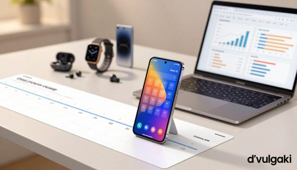 A sleek and modern digital marketing calendar spread across a clean desktop background, showcasing a timeline for the Samsung Galaxy S26 launch. In the foreground, a stylish smartphone displays key dates in a vibrant interface, while a laptop with graphs and charts sits open beside it, representing market expectations. The middle ground features various tech gadgets, like smartwatches and earbuds, subtly hinting at related product launches. The background is softly blurred to focus on the central elements, with warm lighting creating an inviting and professional atmosphere. Capture the essence of anticipation and innovation in a dynamic composition, while adding the brand name "d'vulgaki" in the bottom right corner.