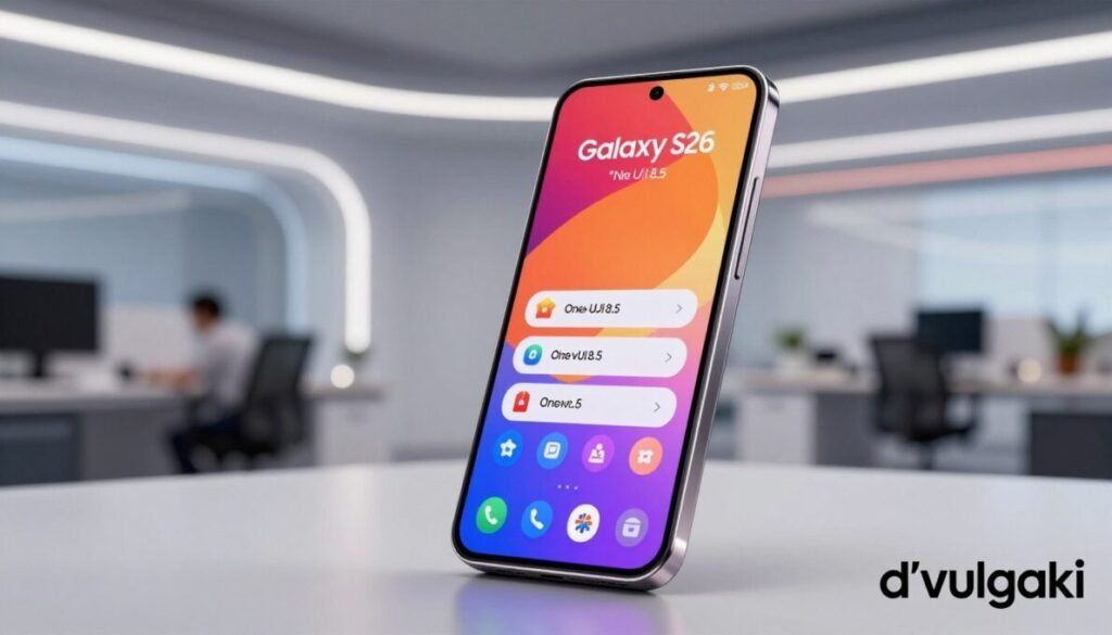 A sleek, modern smartphone showcasing the Samsung Galaxy S26 with the new One UI 8.5 interface displayed prominently on the screen. In the foreground, the device is angled slightly to the right, emphasizing its refined design and vibrant display. The background features a futuristic office setting with soft, diffused lighting that highlights the sleek lines and glossy finish of the device. The atmosphere is dynamic and innovative, reflecting a high-tech environment suitable for the launch of a flagship smartphone. Capture the details of the interface with vivid colors and a user-friendly layout. The bottom right corner of the image includes the brand name "d'vulgaki" in an elegant font, reinforcing the modern aesthetic.