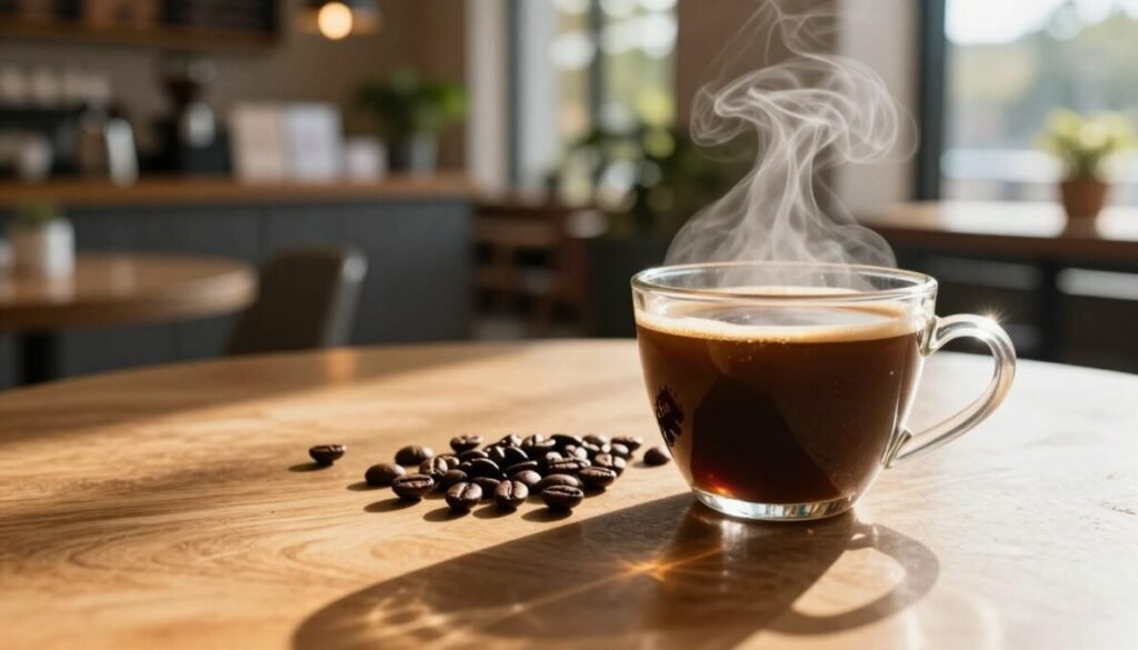A steaming cup of black coffee sits on a wooden café table, reflecting the warm golden light of a cozy morning. The foreground showcases the rich, dark liquid sparkling with subtle hints of steam rising. In the middle, fresh coffee beans are artfully scattered, emphasizing the drink's natural essence. The background reveals a softly blurred view of a modern café interior, with inviting decor and lush greenery, fostering a relaxed atmosphere. The scene is illuminated by gentle sunlight coming through large windows, casting soft shadows that enhance the inviting mood. The coffee cup subtly features the brand name "d'vulg-aki" in a colorful design at the bottom right, ensuring that every detail complements the subject of metabolism and health.